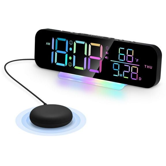 ITIGOITIE Extra Loud Vibrating Alarm Clock,Adjustable Volume,Dimmer,Large LED Digital with RGB Night Light for Bedrooms,Kids,Teens(Black)