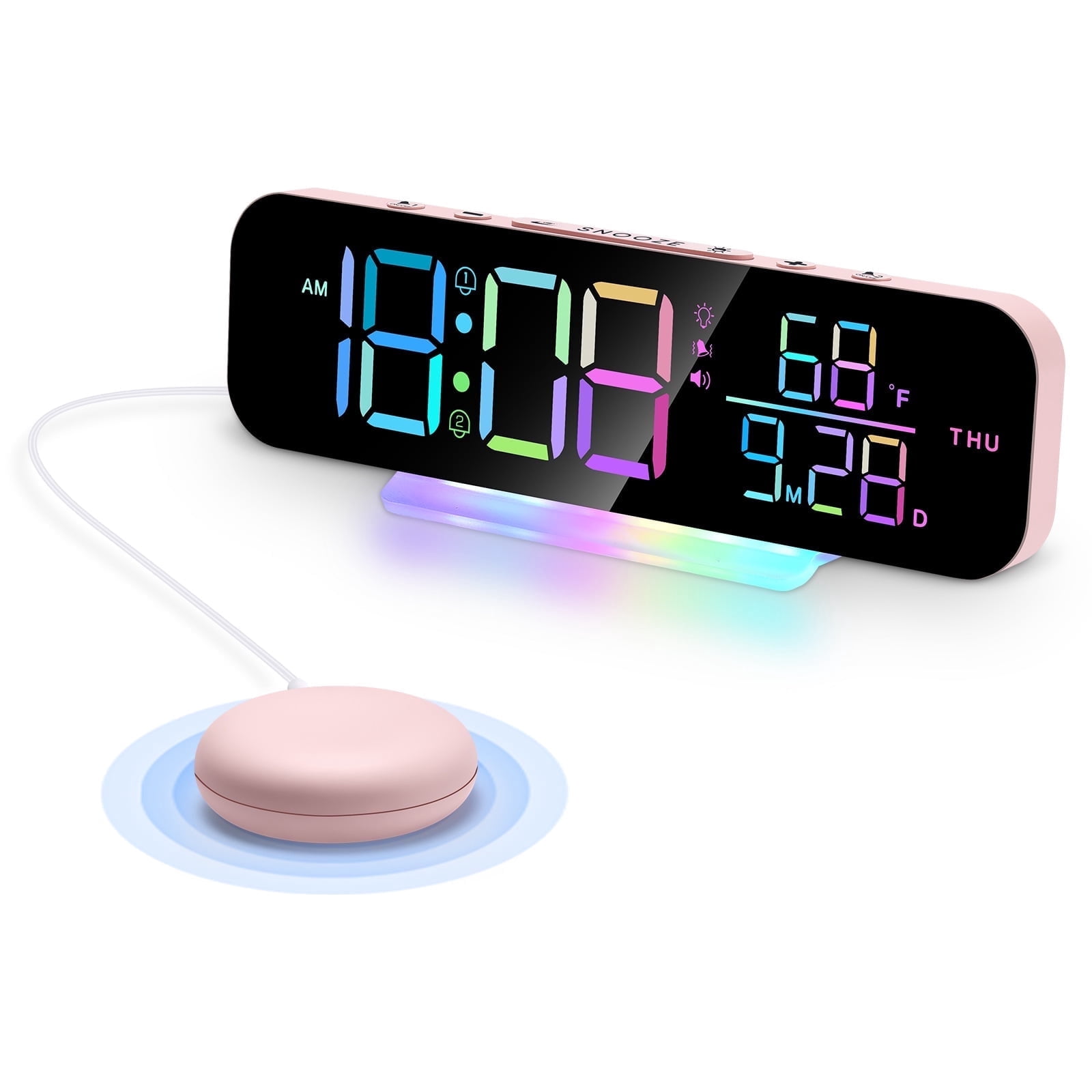 ITIGOITIE Extra Loud Vibrating Alarm Clock,Adjustable Volume,Dimmer,Large LED Digital with RGB Night Light for Bedrooms,Kids,Teens(Pink)