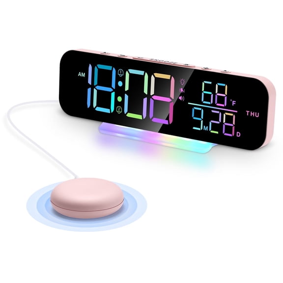 ITIGOITIE Extra Loud Vibrating Alarm Clock,Adjustable Volume,Dimmer,Large LED Digital with RGB Night Light for Bedrooms,Kids,Teens(Pink)
