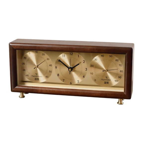 ITIGOITIE Multifunctional Thermometer and Hygrometer Clock - Walnut Frame with Brass Base, Silent Movement