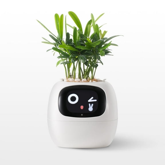 ITIGOITIE Smart Flowerpots, with Artificial Intelligence, Time Temperature Display, Multiple expressions, for Indoor Decoration, Gifts(White)