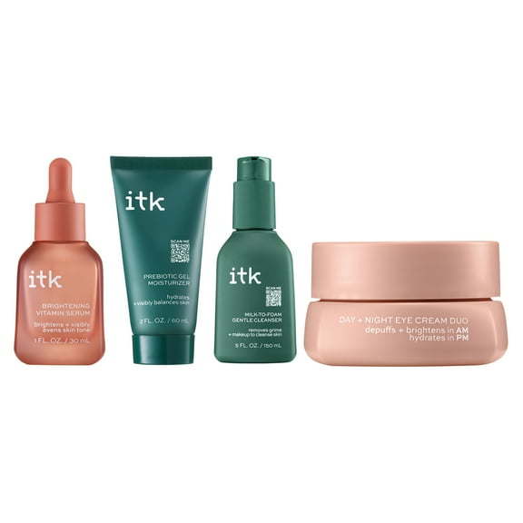 ITK Cleanse, Treat + Hydrate Best Sellers | 2-in-1 Milk-To-Foam Face Wash & Makeup Remover | Brightening Vitamin C Eye Cream Serum + Deep Moisture Rich Shea Butter & Hyaluronic Acid Face Moisturizer
