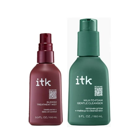 ITK Milk-to-Foam Gentle Cleanser, 5 oz + Blemish Treatment Mist for Acne Prone Skin, 3.3 oz (Variety Pack)
