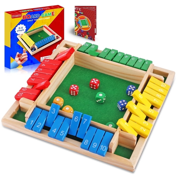 ITOMTE Shut The Box Game, Wooden 4 Player Math Dice Board Game for Adults & Kids, Family Night Fun, Classic Tabletop Strategy Game for Parties & Travel