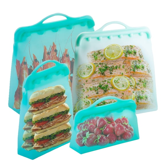 ITPCINC Reusable Silicone Food Storage Bags, 1 Gallon Bag, 1 Half Gallon Bag, 1 Sandwich Bag & 1 Snack Bag - Cook, Store, Freeze, Microwave, Eco-friendly, Plastic and BPA Free (Pack of 4, Baby Blue)