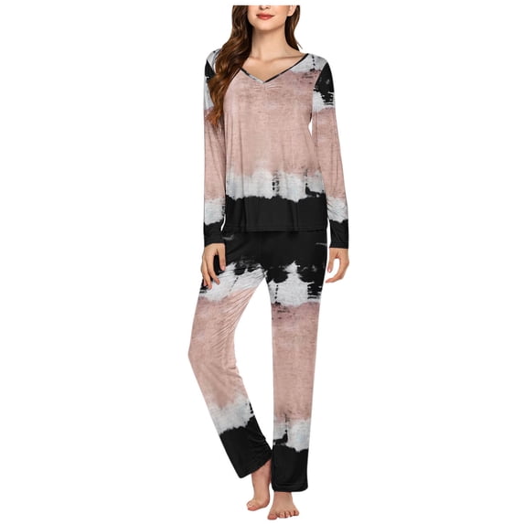 ITSAME 2-Piece Pajama Sets for Womens, Color Block V Neck Long Sleeve Tops Casual Joggers Casual Home Clothes Black 3XL