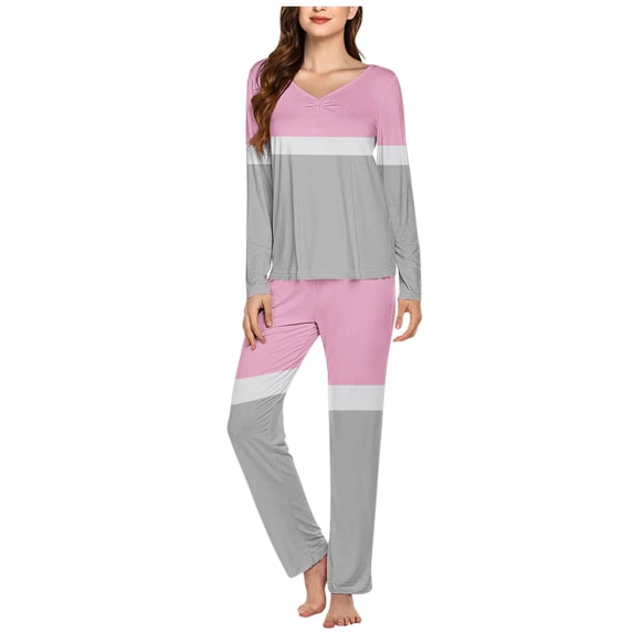 ITSAME 2-Piece Pajama Sets for Womens, Color Block V Neck Long Sleeve Tops Elastic Waist Pants Casual Home Clothes Pink 3XL