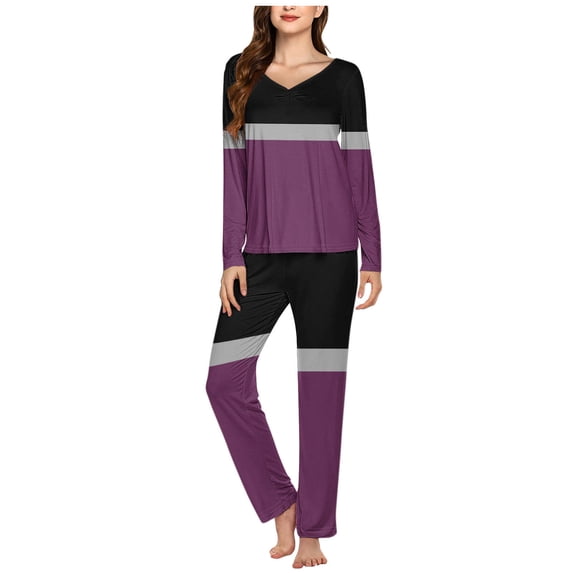 ITSAME 2-Piece Pajama Sets for Womens, Color Block V Neck Long Sleeve Tops Elastic Waist Pants Casual Home Clothes Purple M