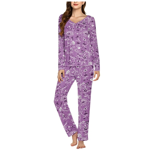 ITSAME 2-Piece Pajama Sets for Womens, Floral V Neck Long Sleeve Tops Elastic Waist Pants Casual Home Clothes Purple 3XL