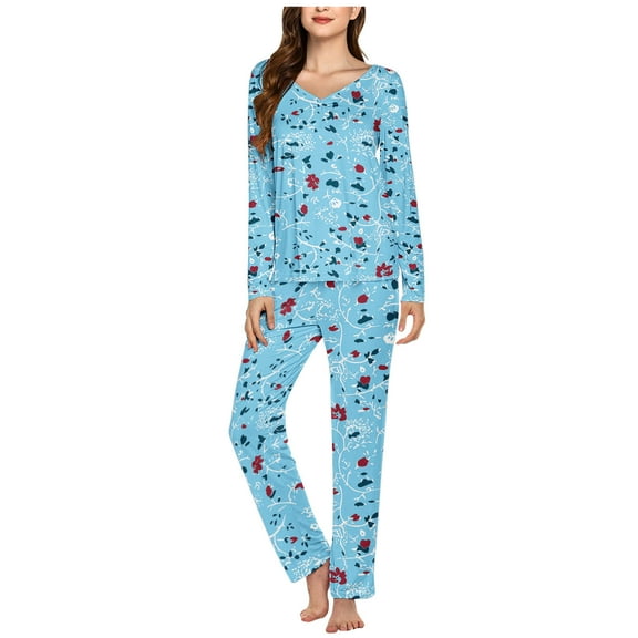 ITSAME 2-Piece Pajama Sets for Womens, Floral V Neck Long Sleeve Tops Elastic Waist Pants Casual Home Clothes Sky Blue L