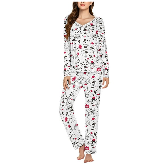 ITSAME 2-Piece Pajama Sets for Womens, Floral V Neck Long Sleeve Tops Elastic Waist Pants Casual Home Clothes White M