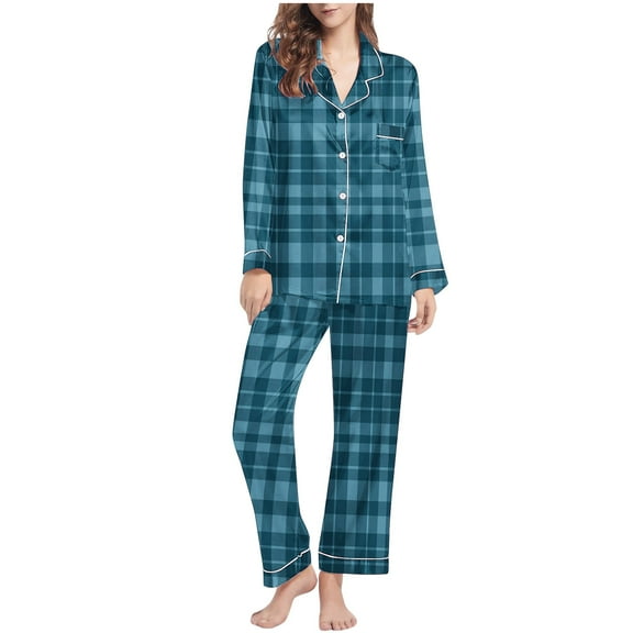 ITSAME 2-Piece Pajama Sets for Womens, Plaid Buttons Notch Collar Tops Stretch Pants Casual Loungewear Blue S