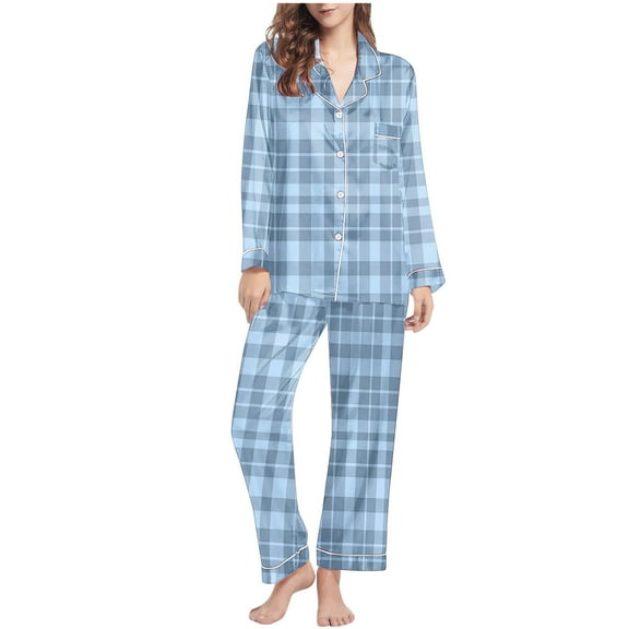 ITSAME 2-Piece Pajama Sets for Womens, Plaid Buttons Notch Collar Tops Stretch Pants Casual Loungewear Light Blue 2XL