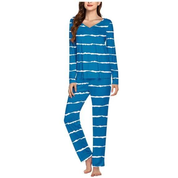 ITSAME 2-Piece Pajama Sets for Womens, Striped V Neck Long Sleeve Tops Casual Joggers Casual Home Clothes Dark Blue XL