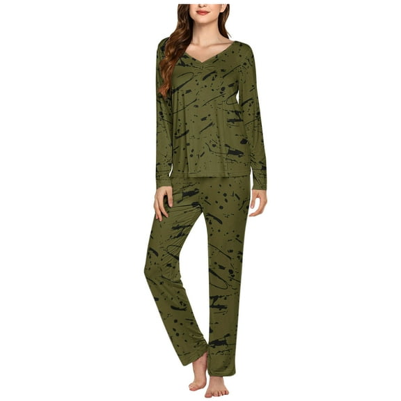 ITSAME 2-Piece Pajama Sets for Womens, V Neck Long Sleeve Tops Elastic Waist Pants Casual Home Clothes Army Green M