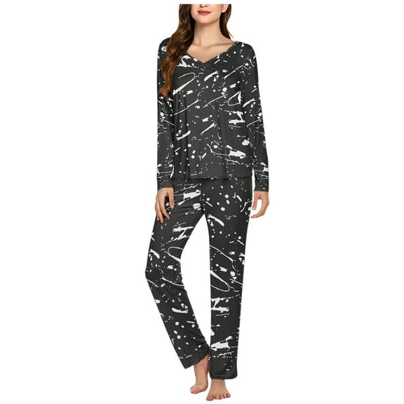 ITSAME 2-Piece Pajama Sets for Womens, V Neck Long Sleeve Tops Elastic Waist Pants Casual Home Clothes Black M