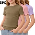 thumbnail image 1 of ITSAME 3 Pack Girls Crewneck T-Shirts Ruffle Ribbed Knit Tees Summer Casual Comfort Tops Khaki Size 7-8, 1 of 5