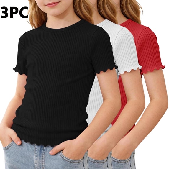 ITSAME 3 Pack Girls Crewneck T-Shirts Ruffle Ribbed Knit Tees Summer Casual Comfort Tops Red Size 7-8