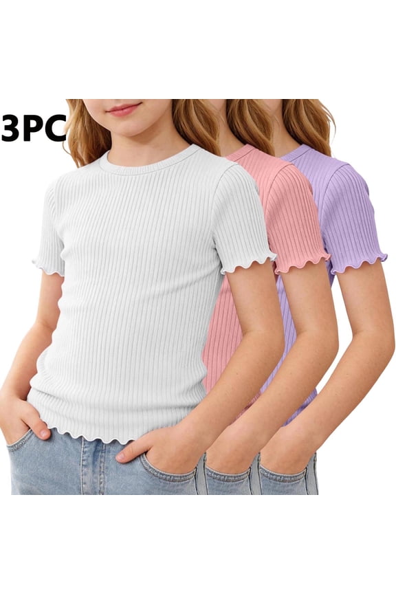 3 Pack Girls Crewneck T-Shirts Ruffle Ribbed Knit Tees Summer Casual Comfort Tops White Size 13-14