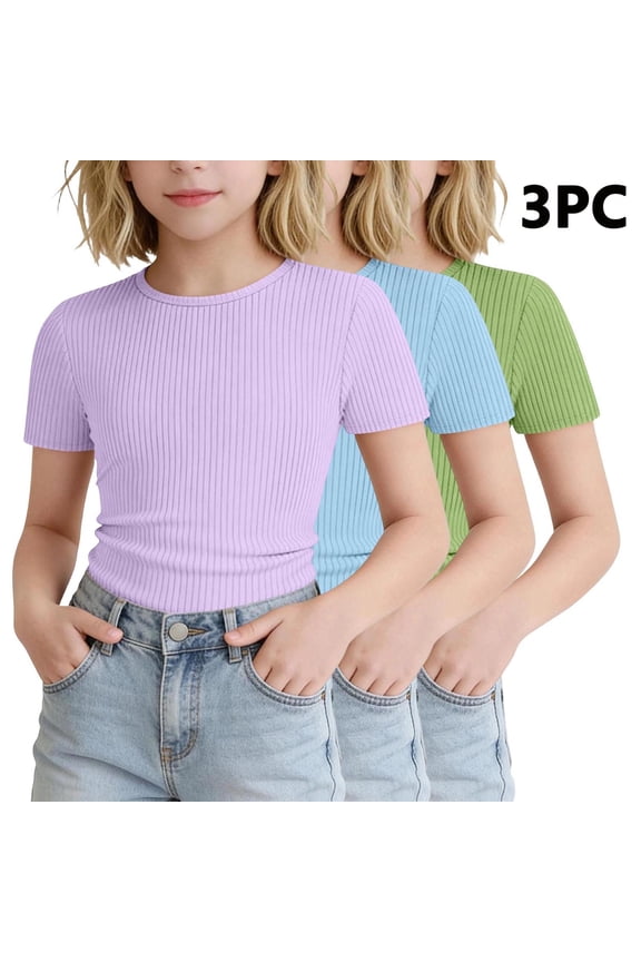 3 Pack Girls Crewneck T-Shirts Stretch Slim Ribbed Knit Tees Summer Basic Casual Tops Green Size 7-8