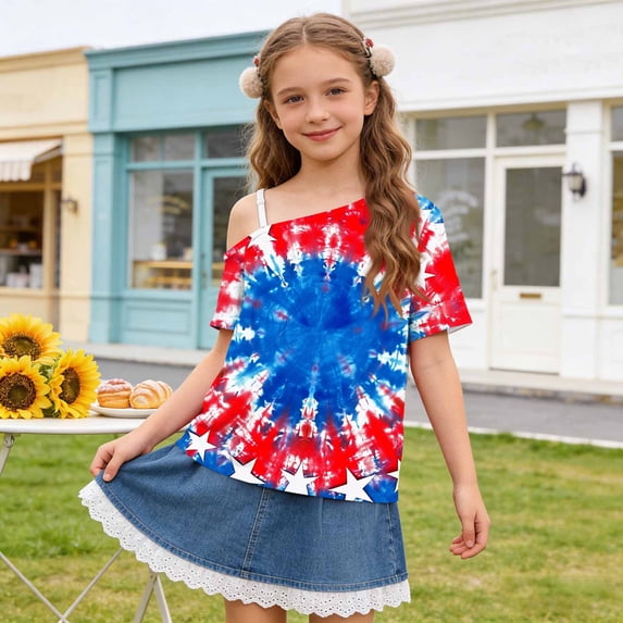 ITSAME 4th of July Girls One Shoulder T-Shirts Tie-Dye Print Kids Independence Day Graphic Tee Multicolor Size 11