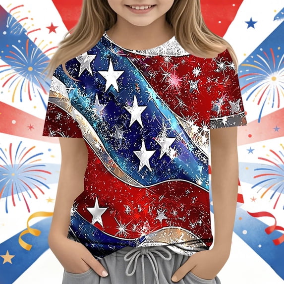 ITSAME 4th of July Girls T-Shirts Crewneck Short Sleeve Tops Independence Day Patriotic Graphic Tees Red Size 9-10