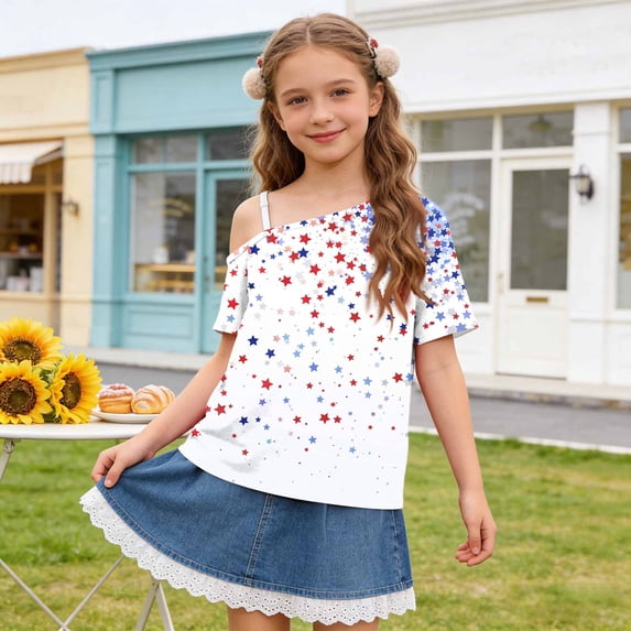ITSAME 4th of July Girls T-Shirts Independence Day One Shoulder Tops Kids Patriotic Graphic Tee Multicolor Size 5