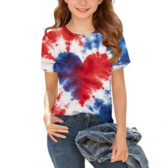 ITSAME 4th of July T-Shirts for Girls, Independence Day Heart Print Crewneck Short Sleeve Kids Casual Fashion Tee Multicolor Size 7-8T