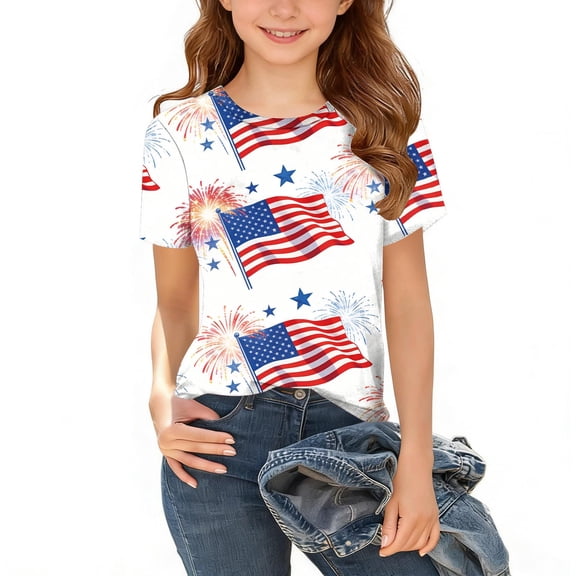 ITSAME American Flag T-Shirts for Girls, 4th of July Crewneck Short Sleeve Kids Patriotic Independence Day Tops White Size 7-8T