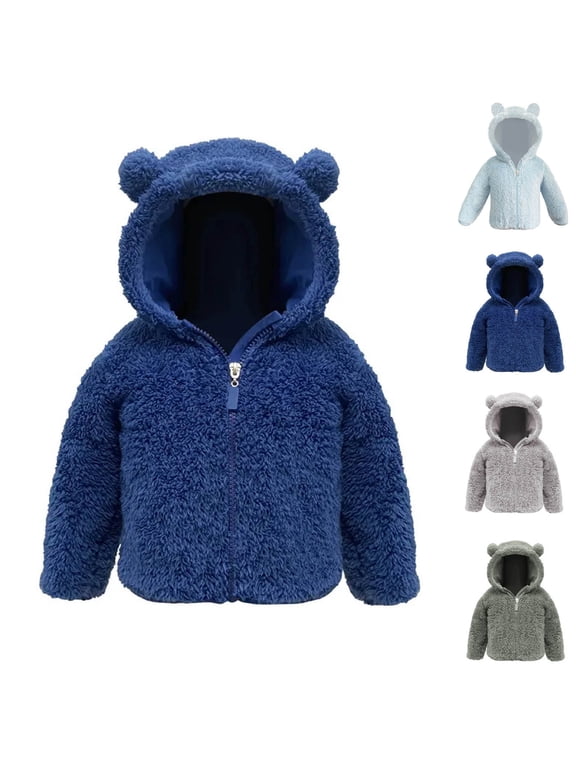 Baby Boys Cotton Hoooded Jacket Long Sleeve Outerwear Full Zip Warm Plush Fall Winter Casual Coat Navy Size 3-6M
