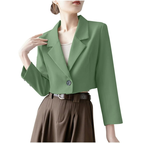 ITSAME Blazer for Womens, One Button Solid Color Long Sleeve Lapel Fashion Cropped Suit Jacket Green 3XL