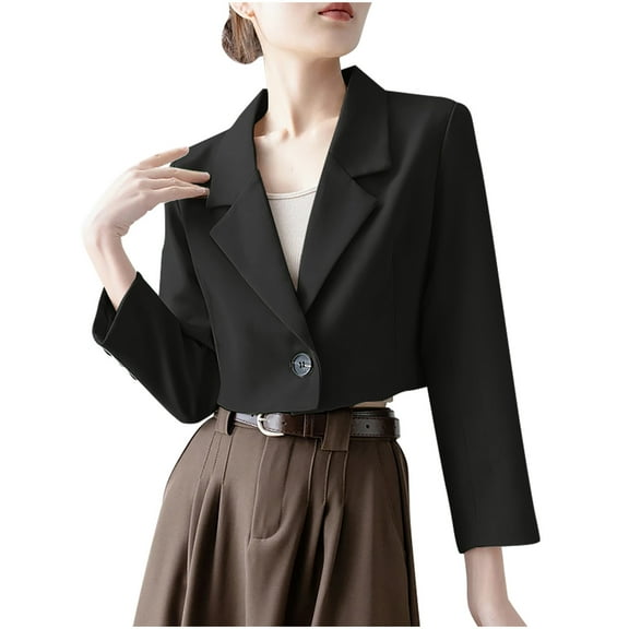 ITSAME Blazer for Womens, Solid Color Long Sleeve Lapel One Button Fashion Cropped Suit Jacket Black 3XL