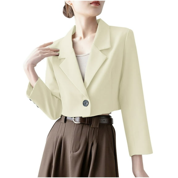 ITSAME Blazer for Womens, Solid Color One Button Long Sleeve Lapel Fashion Cropped Suit Jacket Beige XL