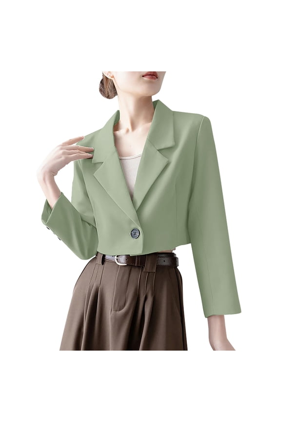 Blazer for Womens, Solid Color One Button Long Sleeve Lapel Fashion Cropped Suit Jacket Mint Green L