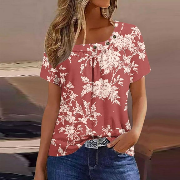 ITSAME Blouse for Womens, Buttons Square Neck Short Sleeve Floral Summer Pleated Casual Tops Watermelon Red XL