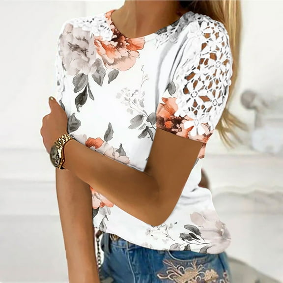 ITSAME Blouse for Womens, Elegant Shirt Lace Short Sleeve Round Neck Summer Casual Fashion T-Shirt White M