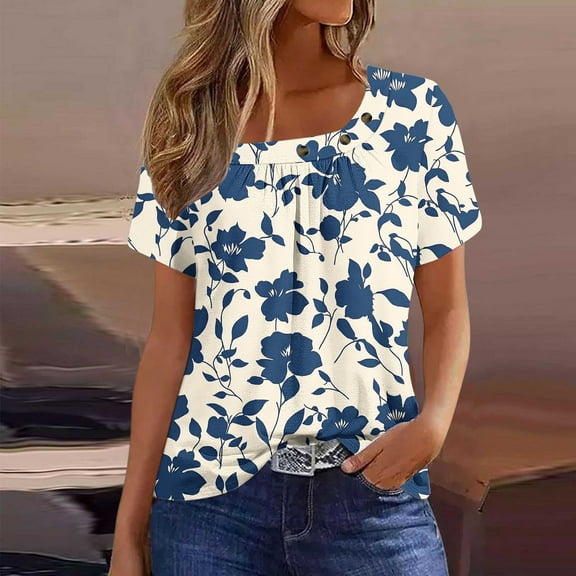 ITSAME Blouse for Womens, Floral Short Sleeve Square Neck Pleated Casual Dressy T-Shirt Blue XL