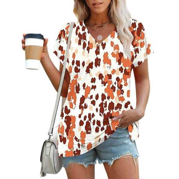 ITSAME Blouse for Womens, Graphic Short Sleeve V Neck Summer 2025 Casual Loose T-Shirt Orange S