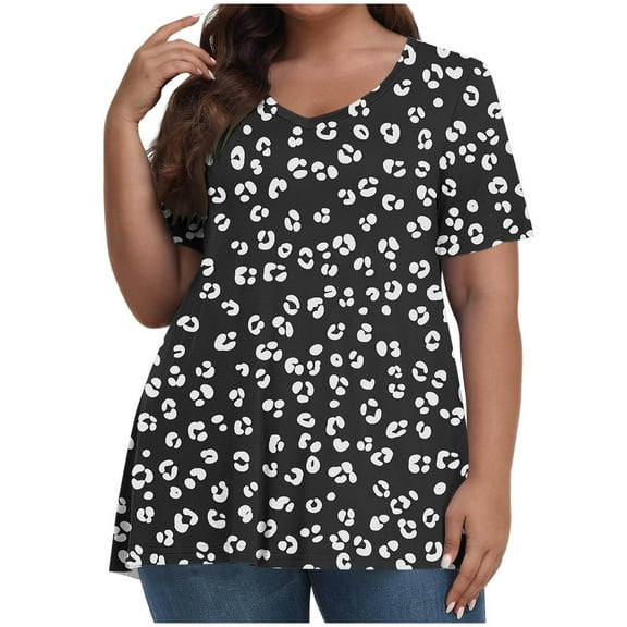 ITSAME Blouse for Womens, Leopard Prints Plus Size V Neck Summer Loose Casual Basic T-Shirt Black 5XL