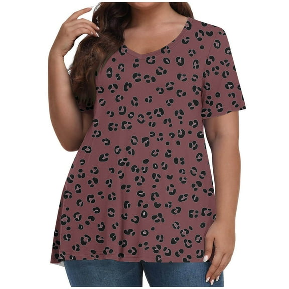 ITSAME Blouse for Womens, Plus Size V Neck Leopard Prints Summer Loose Casual Basic T-Shirt Wine 5XL