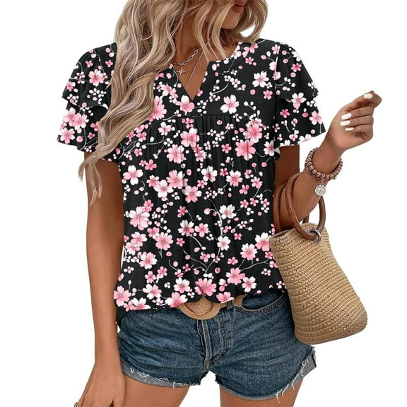 ITSAME Blouse for Womens, Ruffle Short Sleeve Floral Prints Pleated Tops Summer 2025 Casual Shirt Black 2XL