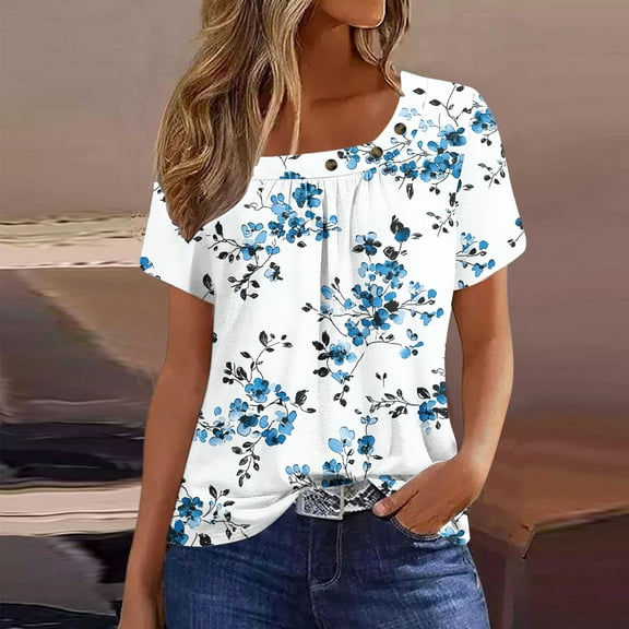 ITSAME Blouse for Womens, Short Sleeve Floral Square Neck Pleated Casual Dressy T-Shirt White XL