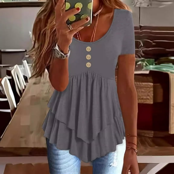 ITSAME Blouse for Womens, Short Sleeve Solid Color Pleated Crew Neck Summer Casual Dresy Tunic Tops Gray XL