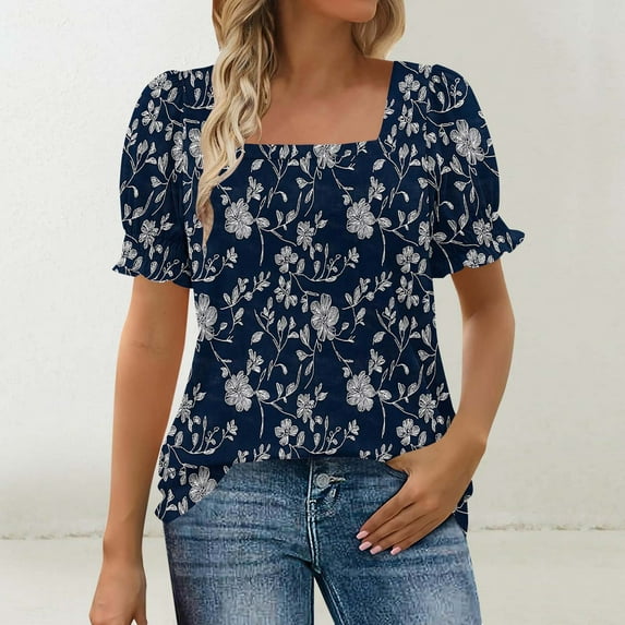 ITSAME Blouse for Womens, Square Neck Floral Prints Bubble Short Sleeve Summer 2025 Casual Dressy Tops Navy XL