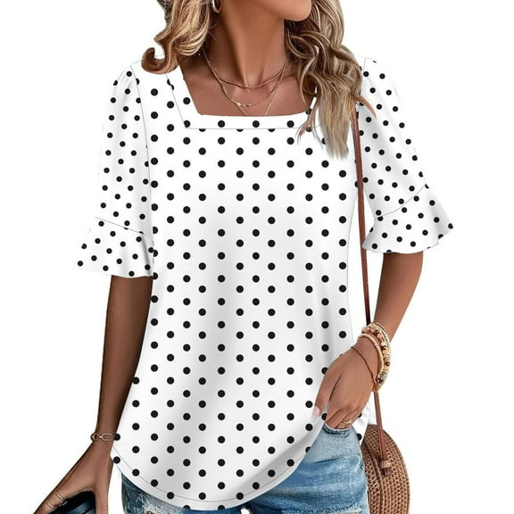 ITSAME Blouse for Womens, Square Neck Ruffle Short Sleeve Polka Dot Summer Casual Dressy Shirt White L