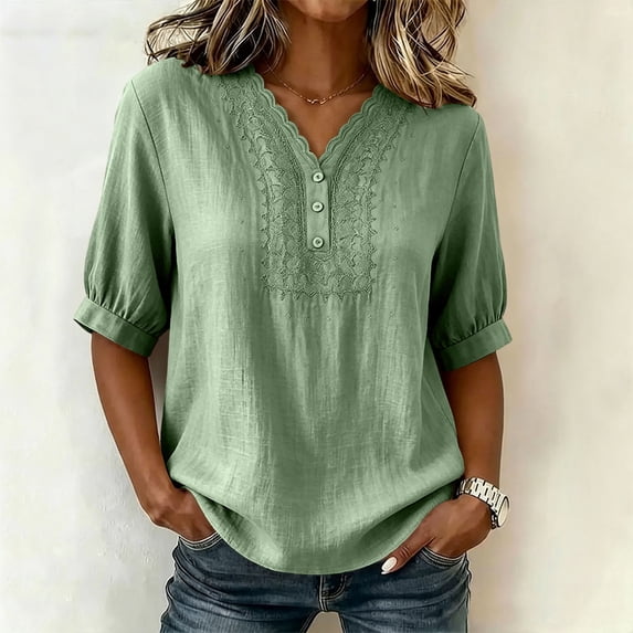 ITSAME Blouses for Women Button V-Neck Elbow Length Sleeve Shirts Ladies Loose Casual Tops Green Size 2XL