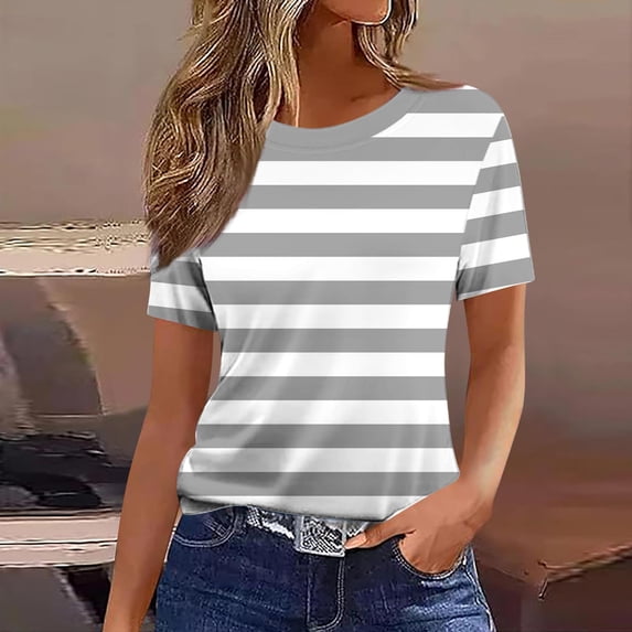 ITSAME Blouses for Women, Short Sleeve Crewneck Striped Print Summer Fashion Casual Tops Gray Size M