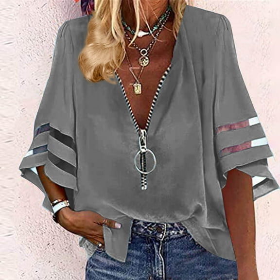 ITSAME Blouses for Womens, Loose Trendy Short Sleeve Zipper V Neck Sumemr Casual Tops Gray 2XL