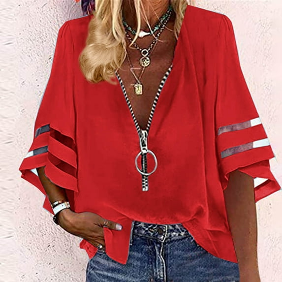 ITSAME Blouses for Womens, Short Sleeve Zipper V Neck Loose Trendy Sumemr Casual Tops Red S