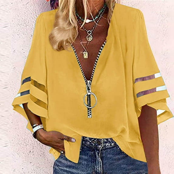 ITSAME Blouses for Womens, Zipper V Neck Loose Trendy Short Sleeve Sumemr Casual Tops Yellow XL